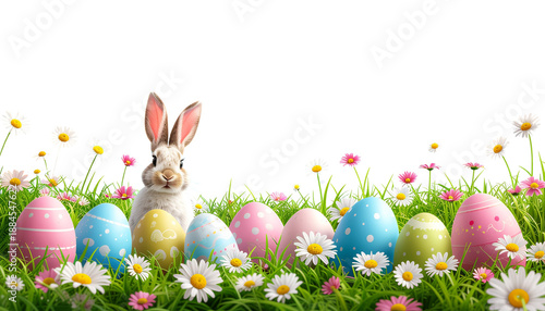 Easter bunny behind colorful eggs in grass with flowers and a white sky above the scene transparent background and plain white background