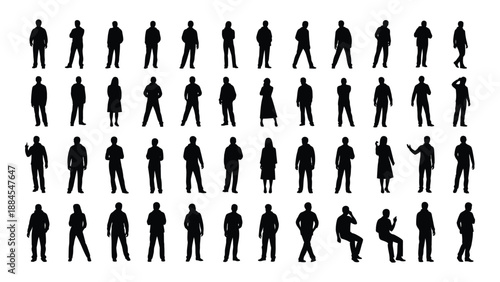 Various silhouettes of people in different poses isolated on white background, Vector