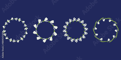 Snowdrop Wreath, Early Spring Floral Frame. Snowdrop Circle, Delicate Bulb Flower Wreath for Cards. Hand drawn Snowdrop Border, Garden Botanical Ring