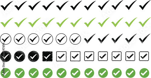 Checkmark and approval icons vector set with tick symbols in different styles colors and shapes isolated on white background