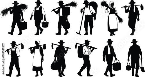 Traditional rural farmer silhouettes carrying tools and harvest bundles, men and women agricultural workers illustration isolated on white background vector set