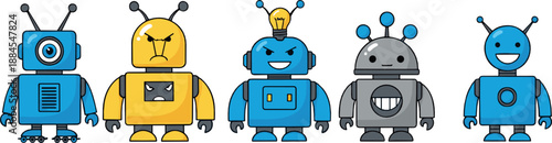Cute robot character icon set with different emotions, friendly artificial intelligence mascots, colorful mechanical designs, and playful technology flat vector illustrations