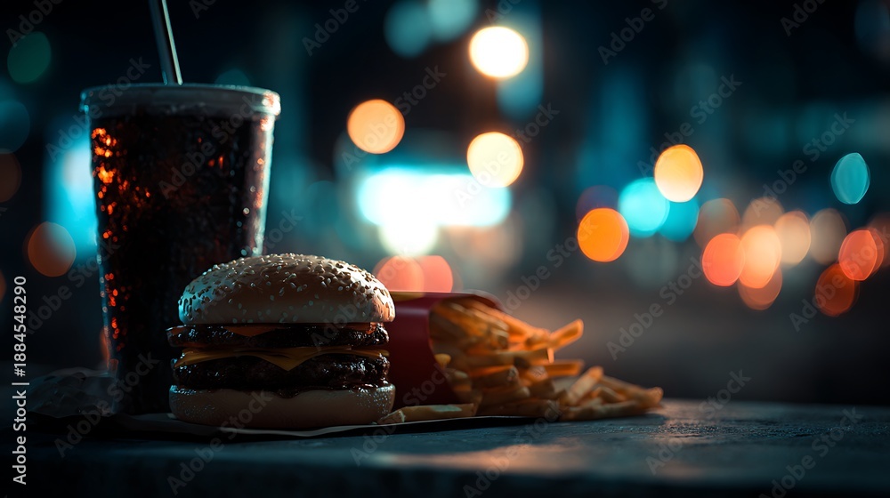 Obraz premium A close-up of fast food on a table at night with blurred street lights in the background