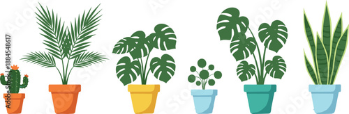 Potted houseplant illustration set with tropical indoor plants, modern home decor greenery, minimal botanical elements, and stylish flat vector design