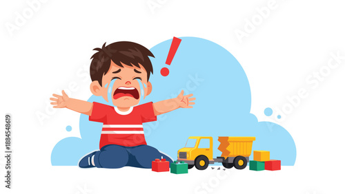 Crying little boy sitting on the floor with his broken yellow toy truck while shedding tears of sadness over his damaged plaything.