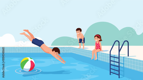 Active family of four playing with a colorful beach ball in the lush green backyard of their suburban home on a bright sunny day.