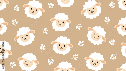 Seamless pattern design featuring cute cartoon sheep heads and delicate white leaves scattered on a warm beige background.