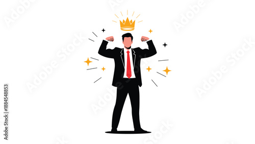 Successful businessman wearing a suit and a golden crown while flexing his muscles to show power and leadership in his career.