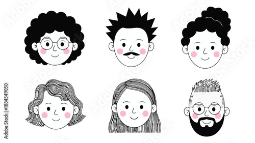 Six Diverse Hand Drawn Cartoon Faces with Pink Cheeks and Black Hair on White Keywords: faces, cartoon, illustration, people