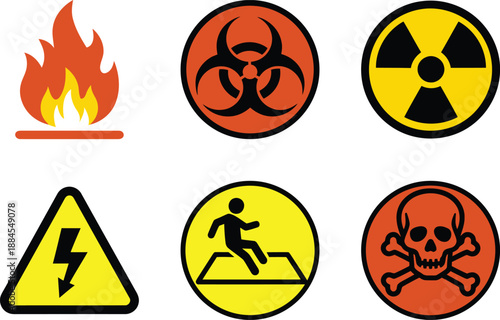 Industrial colorful safety hazard icons set. Universal warning symbols for fire, biohazard, radiation, and voltage.