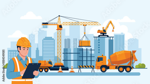 Professional construction engineer wearing a safety helmet and vest holding a clipboard at a busy urban building development site.