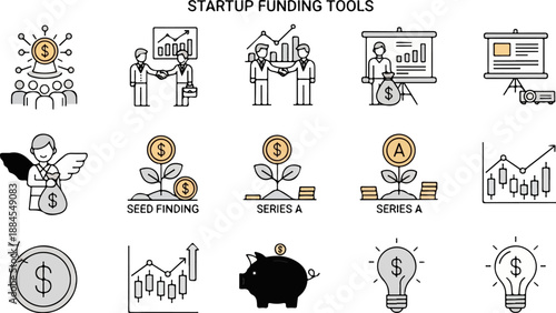 Collection of line-art icons illustrating startup funding concepts, investment strategies, and business growth