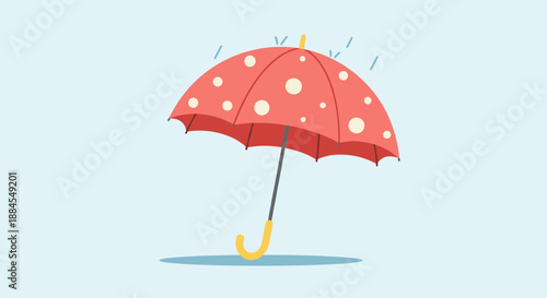 Bright red umbrella with white polka dots protects against falling raindrops in this charming vector illustration.