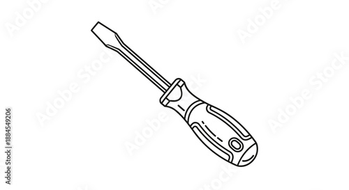 Classic flat head screwdriver tool is rendered in a clean black and white line art style for use in technical guides.