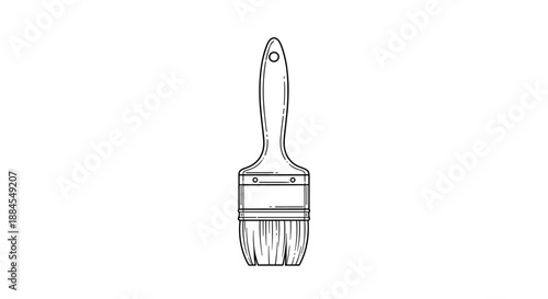 Detailed line art illustration of a professional paint brush tool with a wooden handle and fine synthetic bristles.