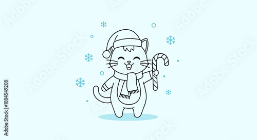 Happy cartoon cat wearing a Santa hat and scarf holds a striped candy cane in this festive line art drawing.