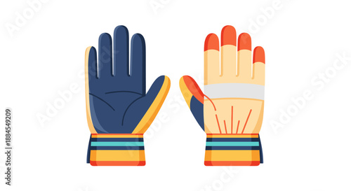 Protective pair of heavy duty work gloves in dark blue and orange are shown in a clean flat graphic design style.