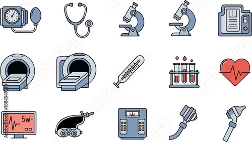 Line art icons of diverse medical devices and healthcare tools like stethoscopes, microscopes, and MRI scanners