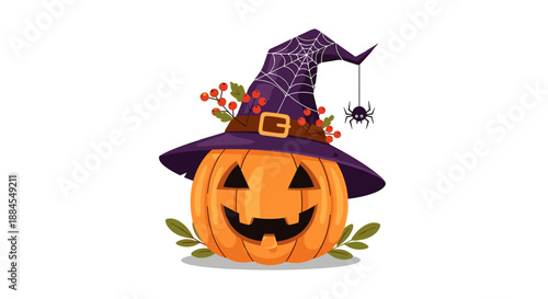 Classic Halloween jack o lantern pumpkin wearing a purple witch hat with a dangling spider and autumn berries.