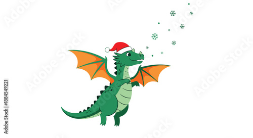 Cute green dragon wearing a red Santa hat breathes out delicate snowflakes in this festive holiday illustration.