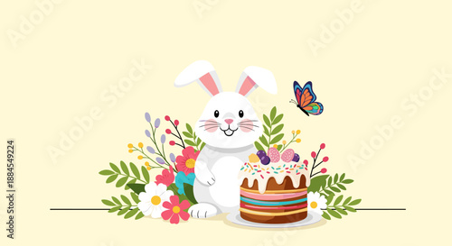 Celebratory Easter bunny stands behind a delicious layered cake surrounded by colorful spring flowers and a butterfly.