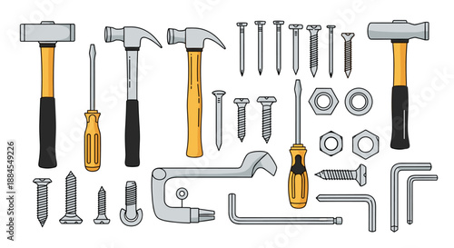 Comprehensive collection of various hand tools including hammers screwdrivers nails and screws for DIY projects.