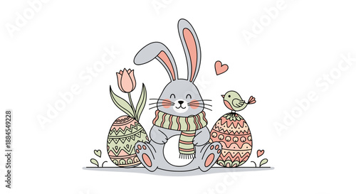 Adorable Easter bunny sits among decorated eggs with a spring tulip and a small bird in this cute illustration.