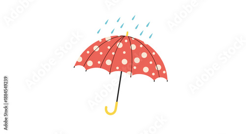 Cheerful red umbrella with white polka dots is shown shielding against blue raindrops in a flat vector style.