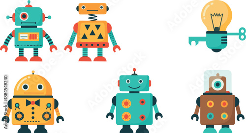 Cute robot character illustration set with vintage mechanical designs, friendly artificial intelligence mascots, colorful technology toys, and playful flat vector style