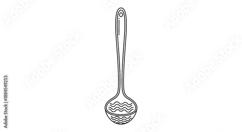 Stylish line drawing of a kitchen ladle for serving soup features wavy decorative lines on the bowl and handle.