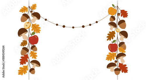 Beautiful autumn borders composed of acorns oak leaves mushrooms and apples are shown in a warm color palette.
