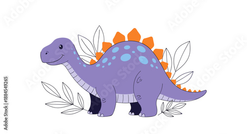 Cute purple dinosaur with orange plates on its back is depicted among simple leaf outlines in this colorful vector.