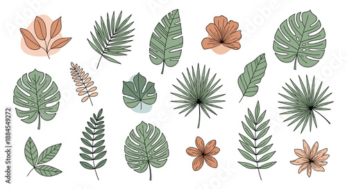 Botanical set of diverse tropical leaves and flowers is rendered in a hand drawn style with muted natural colors.