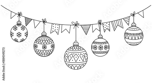 Festive line art of a hanging holiday garland includes Christmas ornaments and triangular flags for decoration.
