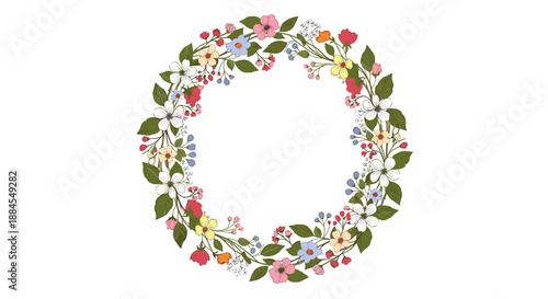 Elegant floral wreath composed of many small colorful flowers and green leaves creates a delicate circle frame.