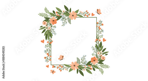 Delicate rectangular frame made of peach flowers green leaves and small butterflies creates a soft floral border.