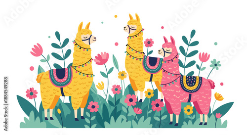Group of three colorful llamas decorated with beads stand in a lush field of flowers and large tropical leaves.