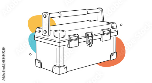 Simple line art drawing of a closed metal toolbox is accented with colorful abstract shapes in the background.