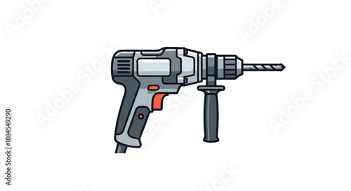 Professional power drill tool with a handle and drill bit is shown in a highly detailed flat vector illustration.