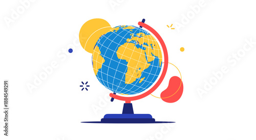 Modern vector illustration of a desk globe for geography is surrounded by colorful abstract geometric shapes.