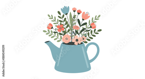 Blue watering can serves as a vase for a vibrant bouquet of colorful spring flowers and green leaves against a plain white background.