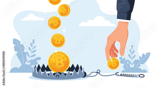 Warning about cryptocurrency risks showing a hand reaching for a bitcoin coin placed on top of a dangerous metal bear trap.