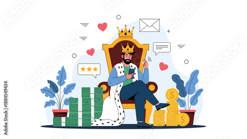 Wealthy king sitting on a golden throne with piles of money and hearts while using a smartphone to manage his digital kingdom.