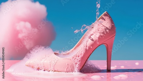 Pink high heel shoe with water splashing on blue background with pink cloud