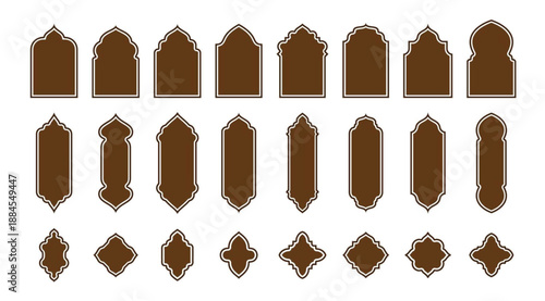 a set of different shapes and sizes of windows, decorative panels, islamic interior design, decorative ornament, ornamental edges, minarats, large motifs, art deco motifs, detailed ornaments, graphic.
