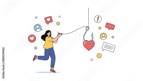 Online dating scam concept showing a young woman being lured by a fishing hook with a heart icon representing internet fraud.