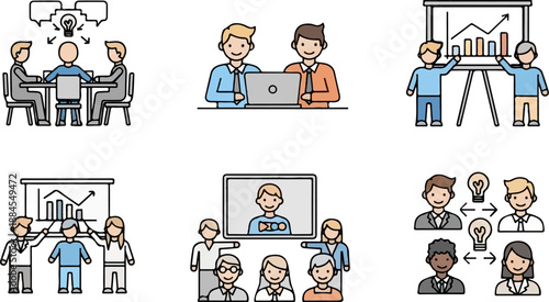 Collection of line art icons depicting diverse business scenarios meetings, presentations, collaboration, and video calls