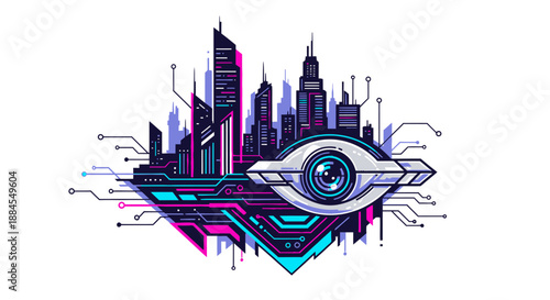 Abstract illustration of futuristic city with digital eye technology elements