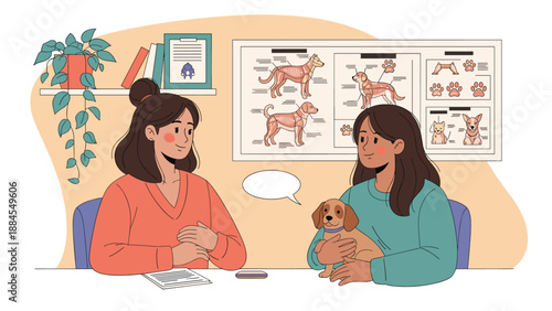 Woman and her puppy consulting with a professional female veterinarian at a pet clinic with dog anatomy charts on the wall.