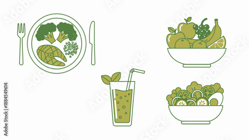 Healthy food illustration with fruits vegetables fish and juice on white backdrop